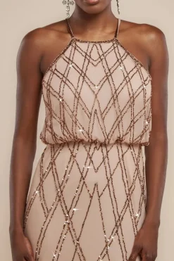 Racer Neck Sleeveless Hand Embellished Sequin Maxi Dress - Champagne by Goddiva