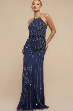 Racer Neck Sleeveless Hand Embellished Sequin Maxi Dress - Navy Blue by Goddiva