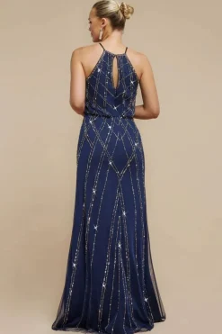 Racer Neck Sleeveless Hand Embellished Sequin Maxi Dress - Navy Blue by Goddiva