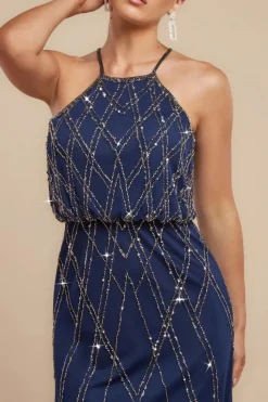 Racer Neck Sleeveless Hand Embellished Sequin Maxi Dress - Navy Blue by Goddiva