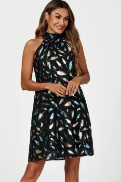 Rainbow Leaf Foil Halter Neck Tie Back Mini Dress In Black by FS Collection