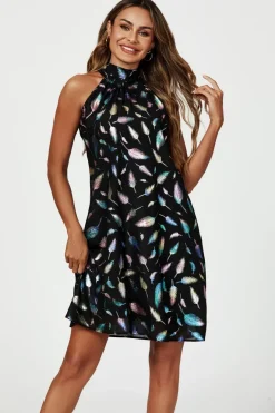 Rainbow Leaf Foil Halter Neck Tie Back Mini Dress In Black by FS Collection