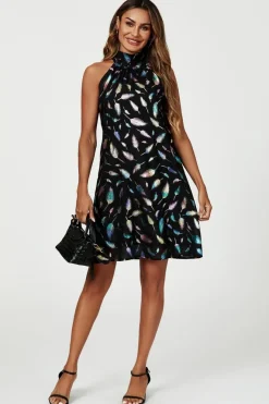 Rainbow Leaf Foil Halter Neck Tie Back Mini Dress In Black by FS Collection