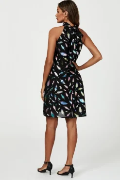 Rainbow Leaf Foil Halter Neck Tie Back Mini Dress In Black by FS Collection