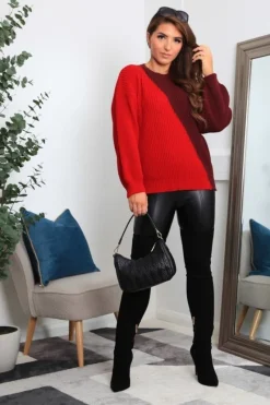Red And Burgundy Diagonal Contrast Colour Block Oversized Knit Jumper by Double Second