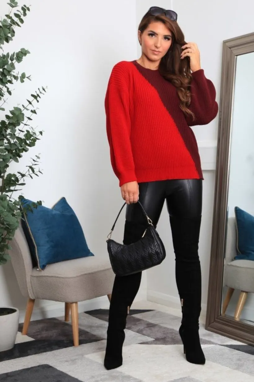 Red And Burgundy Diagonal Contrast Colour Block Oversized Knit Jumper by Double Second