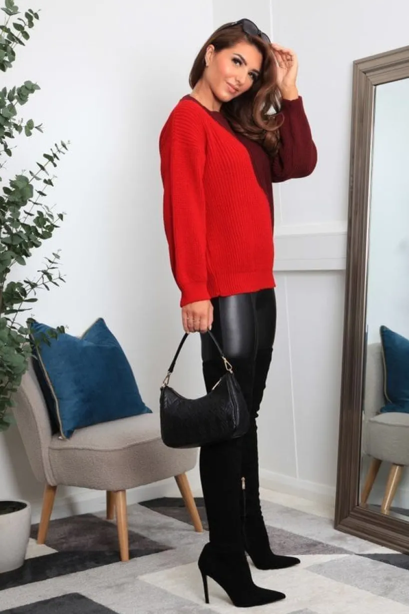 Red And Burgundy Diagonal Contrast Colour Block Oversized Knit Jumper by Double Second