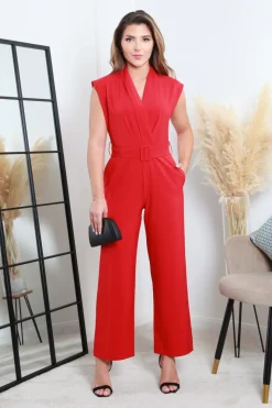 Red Belted Wrap Jumpsuit by Double Second