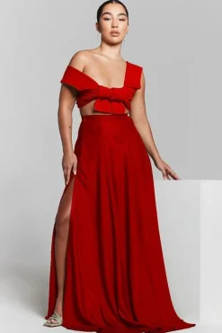 Red Flared Split Maxi Skirt by InFlair