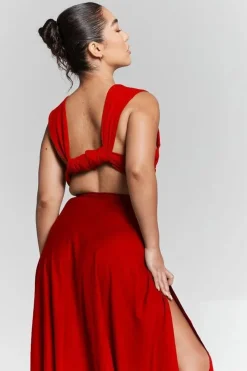 Red Flared Split Maxi Skirt by InFlair