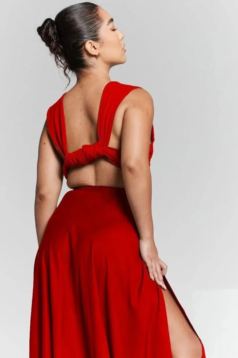 Red Flared Split Maxi Skirt by InFlair
