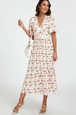 Red Floral Print Lace Detail Angel Sleeve Midi Dress In Cream by FS Collection