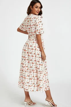 Red Floral Print Lace Detail Angel Sleeve Midi Dress In Cream by FS Collection