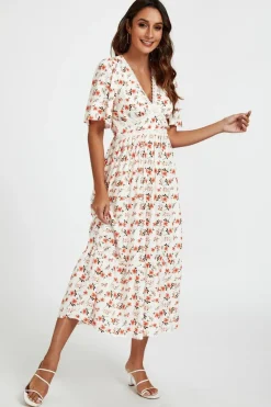 Red Floral Print Lace Detail Angel Sleeve Midi Dress In Cream by FS Collection