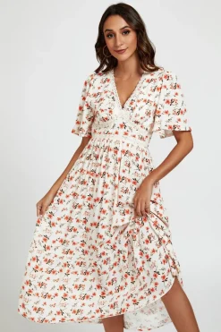 Red Floral Print Lace Detail Angel Sleeve Midi Dress In Cream by FS Collection
