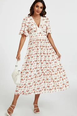Red Floral Print Lace Detail Angel Sleeve Midi Dress In Cream by FS Collection