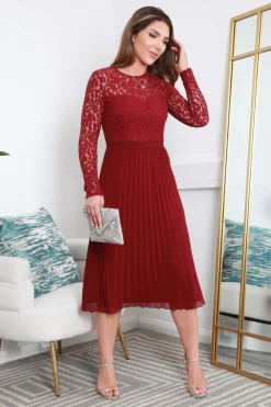 Red Long Sleeve Lace Pleated Dress by Double Second