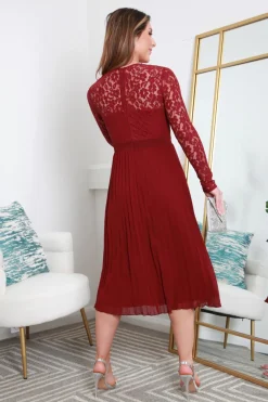 Red Long Sleeve Lace Pleated Dress by Double Second