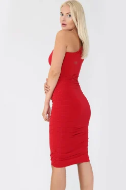 Red One Shoulder Ruched Slinky Midi Dress by Avinci