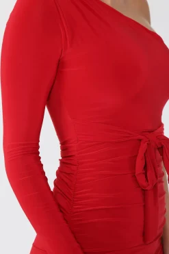 Red One Shoulder Ruched Slinky Midi Dress by Avinci