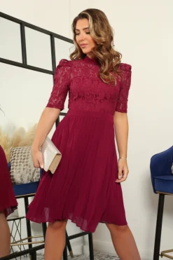 Red Pleated Lace Dress by Double Second