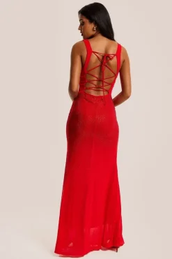 Red Sequin Maxi Dress With Open Back Detail by Liquorish