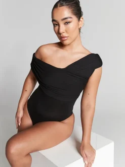Rhea Black Pleated Bardot Bodysuit by InFlair