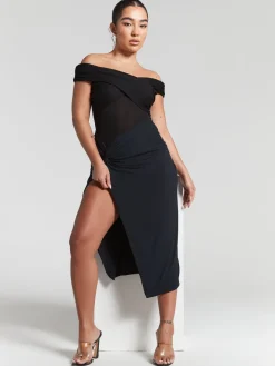 Rhea Black Pleated Bardot Bodysuit by InFlair