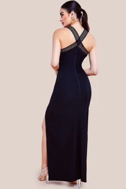 Ribbed Criss Cross Halter Neck Maxi Dress With Thigh Split - Black by Goddiva