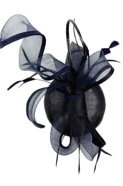 Round Pill Box Fascinator With Bow & Feathers In Navy by SVNX