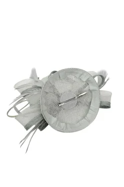 Round Pill Box Fascinator With Bow & Feathers In Grey by SVNX
