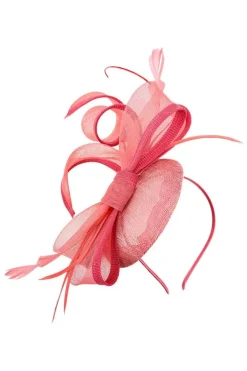 Round Pill Box Fascinator With Bow & Feathers In Coral by SVNX