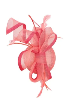 Round Pill Box Fascinator With Bow & Feathers In Coral by SVNX