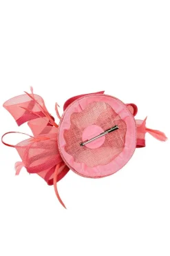 Round Pill Box Fascinator With Bow & Feathers In Coral by SVNX
