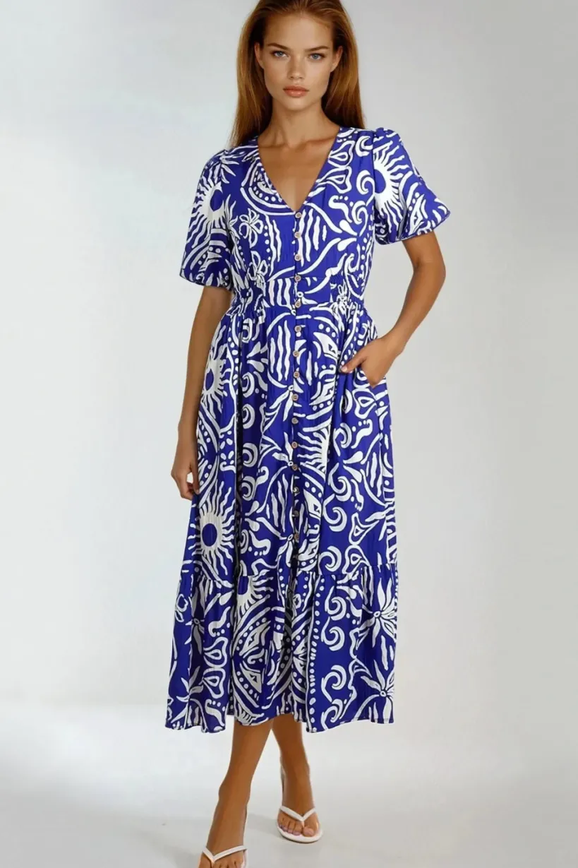 Royal Blue Puff Sleeve Midi Dress by Aftershock London