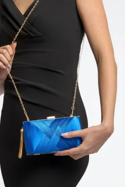 Royal Blue Satin Clutch Bag With Tassels by Aftershock London