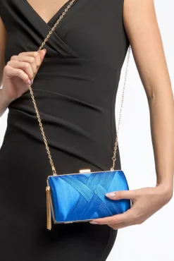 Royal Blue Satin Clutch Bag With Tassels by Aftershock London