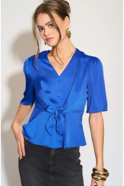 Royal Blue Short Sleeve Knotted Crepe Satin Top by LOVE SUNSHINE