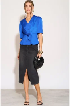 Royal Blue Short Sleeve Knotted Crepe Satin Top by LOVE SUNSHINE