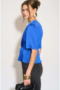 Royal Blue Short Sleeve Knotted Crepe Satin Top by LOVE SUNSHINE