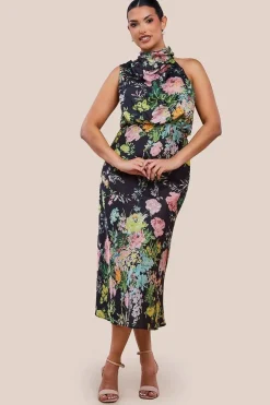 Ruched Asymmetric High Neck Satin Midi Dress by Urban Touch
