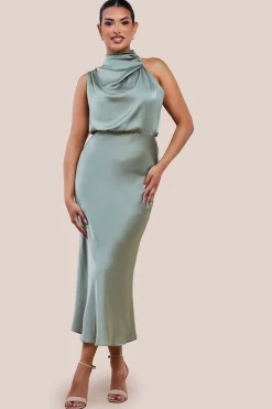 Ruched Asymmetric High Neck Satin Midi Dress by Urban Touch