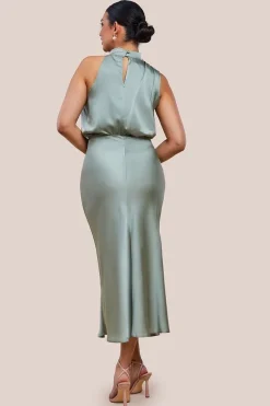 Ruched Asymmetric High Neck Satin Midi Dress by Urban Touch
