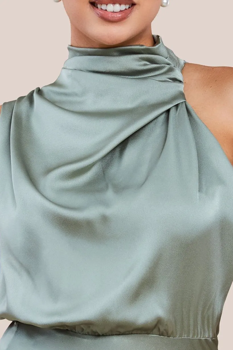 Ruched Asymmetric High Neck Satin Midi Dress by Urban Touch