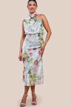 Ruched Asymmetric High Neck Satin Midi Dress by Urban Touch