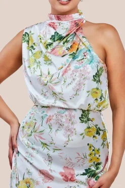 Ruched Asymmetric High Neck Satin Midi Dress by Urban Touch