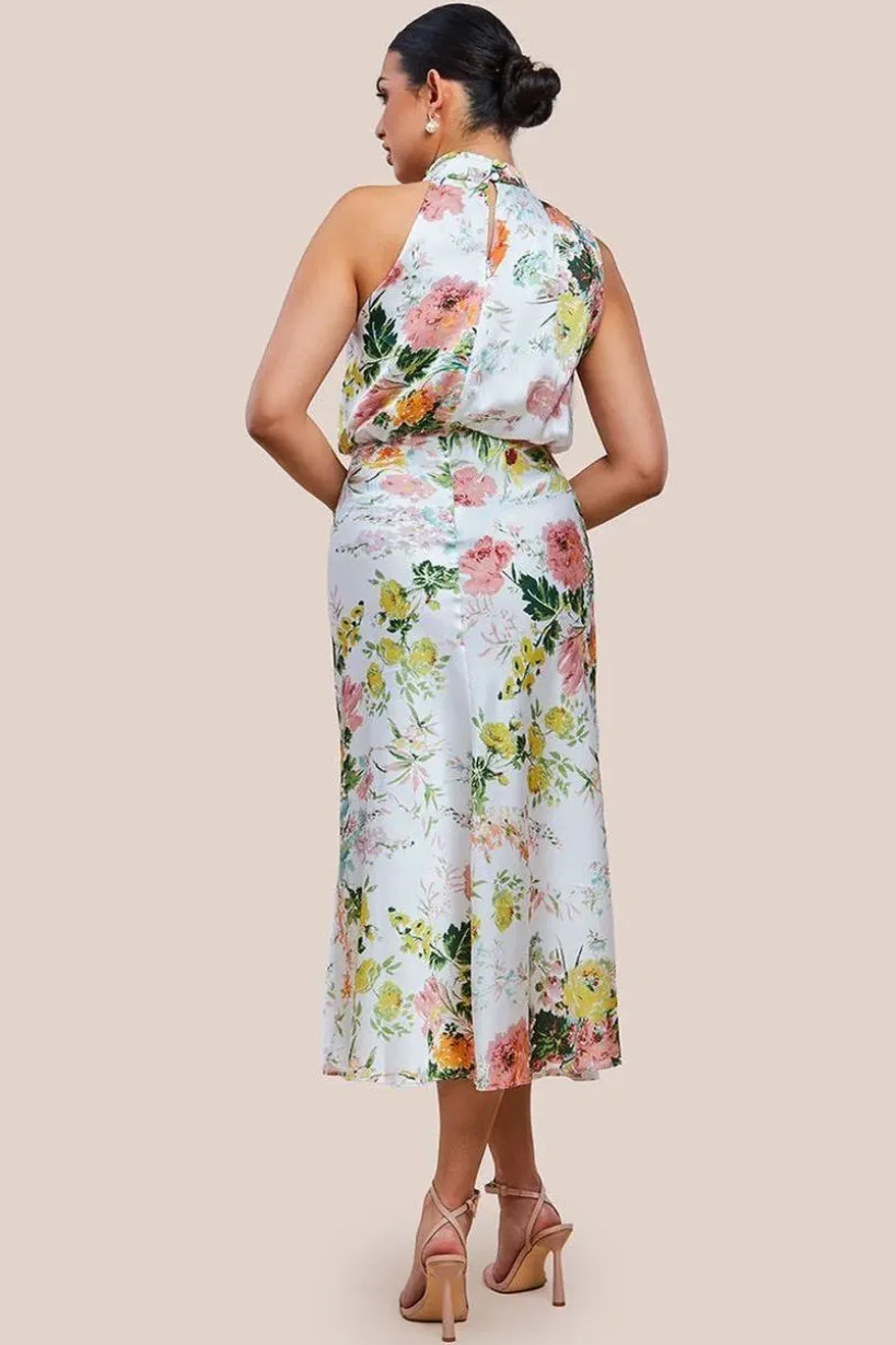 Ruched Asymmetric High Neck Satin Midi Dress by Urban Touch