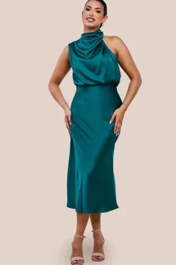 Ruched Asymmetric High Neck Satin Midi Dress by Urban Touch