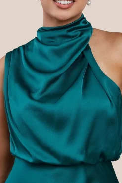 Ruched Asymmetric High Neck Satin Midi Dress by Urban Touch