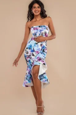 Ruffled Floral Scuba Foam Bandeau Midi Dress - Blue by Goddiva